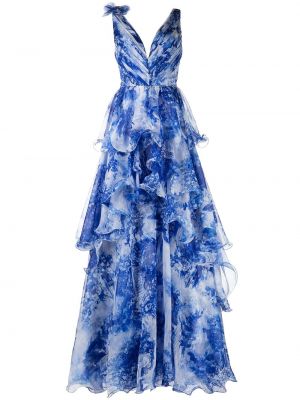 Květinové večerní šaty s potiskem s výstřihem do v Marchesa Notte modré