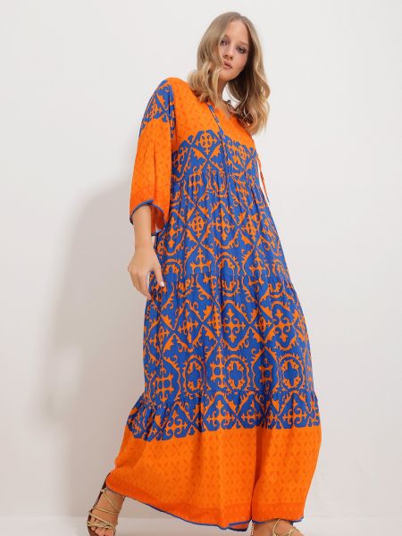 Sukienka z wiskozy pleciona Trend Alaçatı Stili pomarańczowa