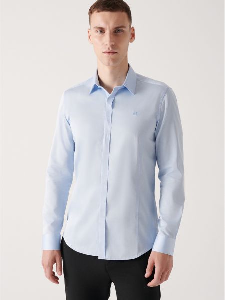 Βαμβακερό σατέν πουκάμισο σε στενή γραμμή Avva μπλε