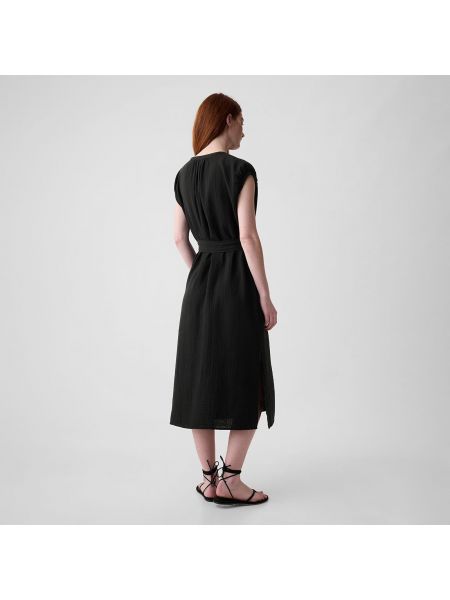 Péřové mušelínové midi šaty s knoflíky Gap černé