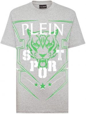 Kokvilnas sporta t-krekls ar apdruku ar tīģera rakstu Plein Sport pelēks