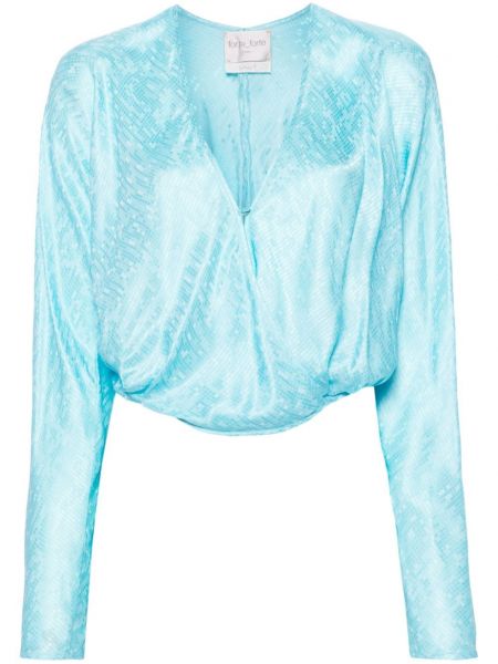 Жакардова блуза с v-образно деколте Forte_forte синьо