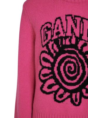 Gėlėtas vilnonis megztinis Ganni rožinė