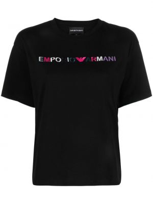 Haftowana koszulka bawełniana Emporio Armani czarna