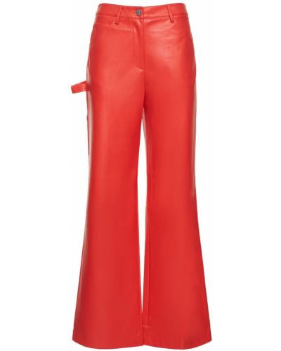 Pantaloni cu picior drept din piele din piele ecologică Staud roșu