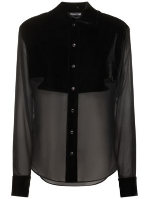 Žametna svilena srajca iz rebrastega žameta Tom Ford črna