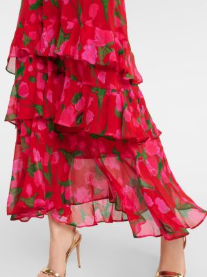 Květinové hedvábné dlouhé šaty Rixo červené