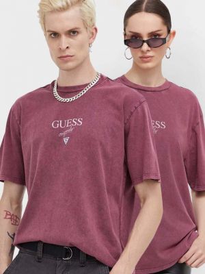 Koszulka bawełniana z nadrukiem Guess Originals fioletowa