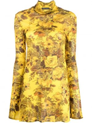 Sukienka mini z wiskozy w kwiatki z długim rękawem Kwaidan Editions - żółty
