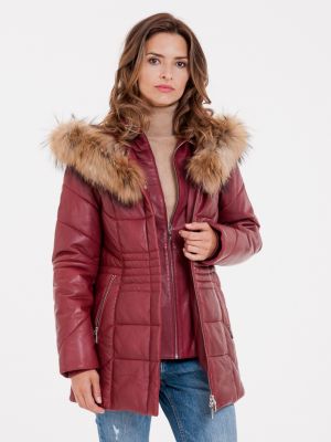 Kožený kabát s kožíškem s kapucí Kara - červená