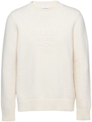 Kašmírový vlnený sveter s výšivkou Prada biela