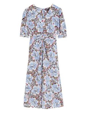 Womens M&S Collection Floral V-Neck Puff Sleeve Midi Tea Dress - Blue Mix, Blue Mix M&s Collection