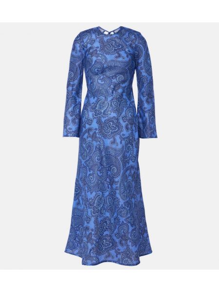 Lněné midi šaty s paisley potiskem Zimmermann modré