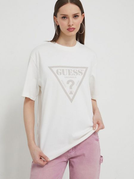 Koszulka bawełniana z nadrukiem Guess Originals beżowa