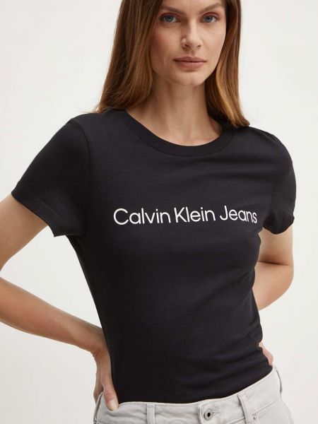 Koszulka slim fit bawełniana z nadrukiem Calvin Klein Jeans czarna