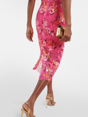 Midi obleka s cvetličnim vzorcem s čipko Monique Lhuillier