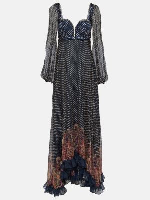 Jedwabna sukienka długa w grochy z wzorem paisley Etro niebieska