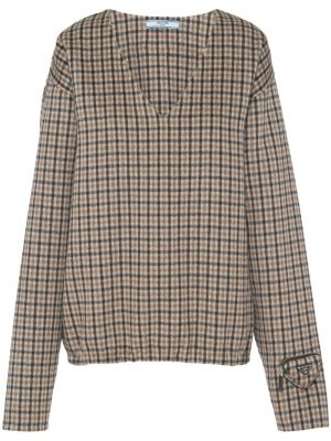 Кариран вълнен пуловер Prada кафяво