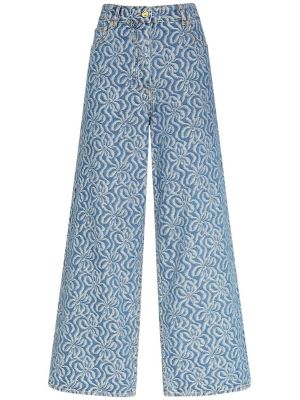 Жакардови relaxed памучни панталон Ganni синьо