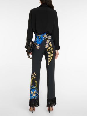 Květinové rovné kalhoty s třásněmi Etro černé