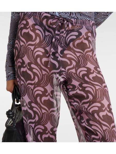 Pantaloni cu picior drept de mătase cu imagine Dries Van Noten roz