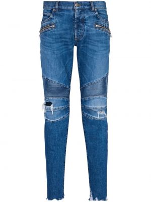 Bavlněné slim fit skinny džíny s dírami Balmain - modrá
