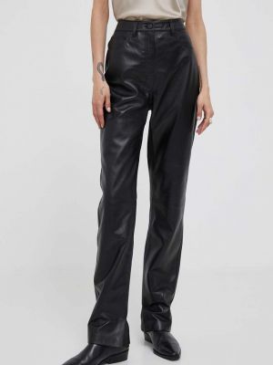 Jednobarevné kožené kalhoty s vysokým pasem Calvin Klein černé