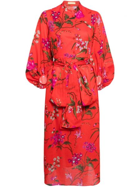Bombažna obleka s cvetličnim vzorcem s potiskom Erdem rdeča