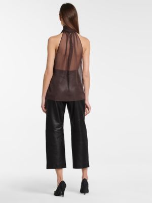 Прозрачна копринена блуза Saint Laurent кафяво