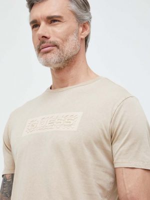Памучна тениска с дълъг ръкав с апликация Guess кафяво