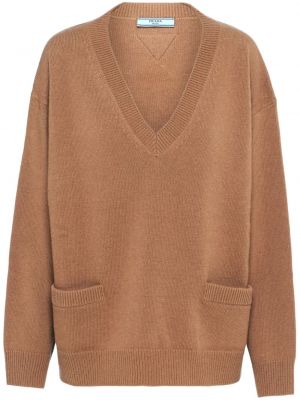 Sweter z kaszmiru z dekoltem w serek Prada brązowy