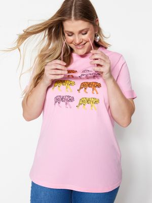 Тениска с тигров принт Trendyol розово