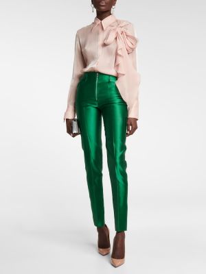 Slim fit saténové nohavice s vysokým pásom Victoria Beckham zelená