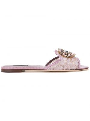 Mežģīņu sandales ar kristāliem Dolce & Gabbana rozā