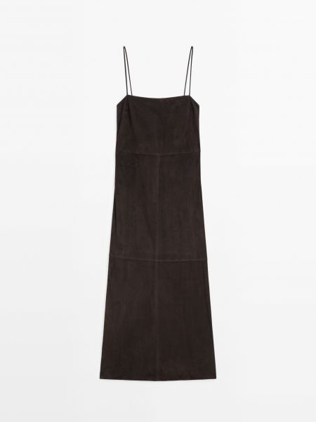 Кожаное замшевое платье миди Massimo Dutti коричневое