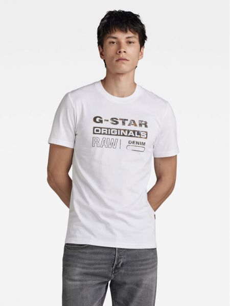 Със звездички тениска с протрити краища slim G-star Raw бяло