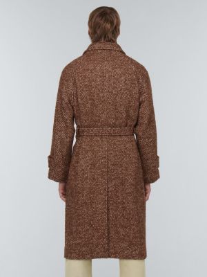 Jedwabny płaszcz wełniany w jodełkę Auralee brązowy
