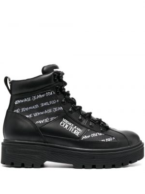 Krajkové šněrovací kotníkové boty s potiskem Versace Jeans Couture černé