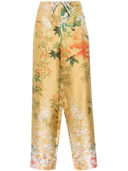Jedwabne proste spodnie w kwiatki z nadrukiem Pierre Louis Mascia żółte