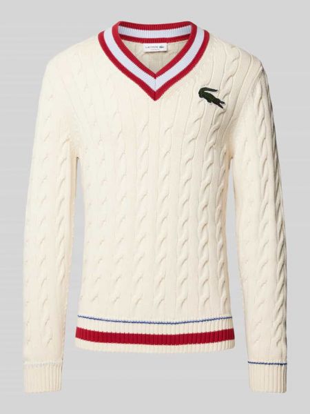 Dzianinowy sweter z dekoltem w serek Lacoste biały