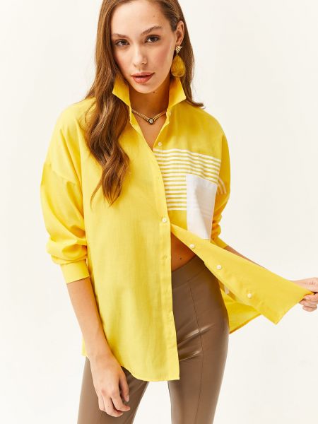 Oversized πουκάμισο με τσέπες από λυγαριά Olalook κίτρινο