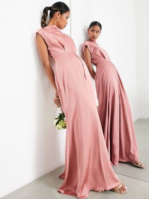 Атласное длинное платье с вырезом на спине Asos розовое