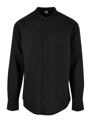 Памучна ленена дълга риза със стояща яка Urban Classics Big & Tall черно