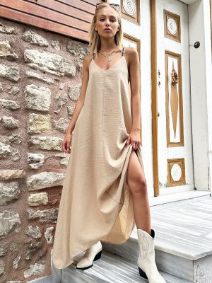Lněné dlouhé šaty se síťovinou Trend Alaçatı Stili béžové