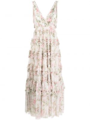 Kvetinové večerné šaty s potlačou s volánmi Needle & Thread biela