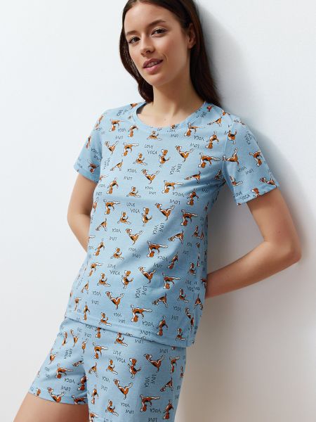 Pijamale din bumbac tricotate cu imprimeu animal print Trendyol albastru