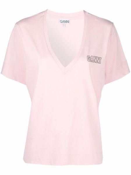 Camiseta con escote v Ganni rosa