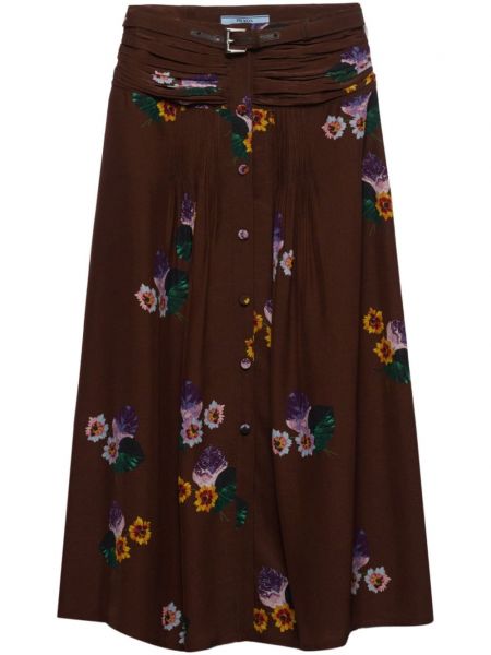 Jupe mi-longue à fleurs à imprimé Prada marron