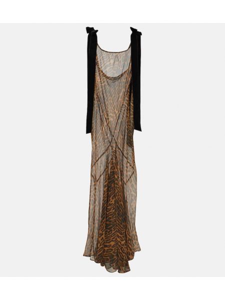 Svilena dolga obleka s potiskom z leopardjim vzorcem Nina Ricci