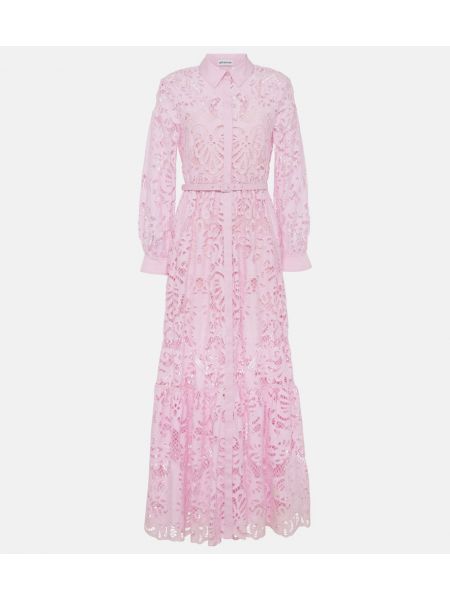 Pamučna haljina s pojasom s čipkom Self-portrait ružičasta